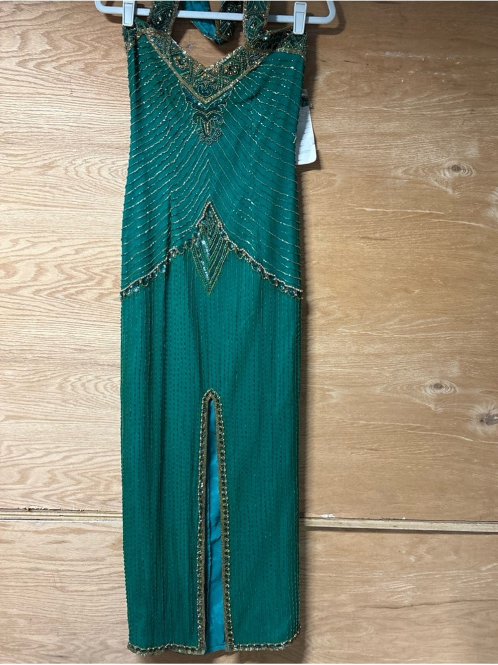 Emerald Green Beaded Halter Evening Dress